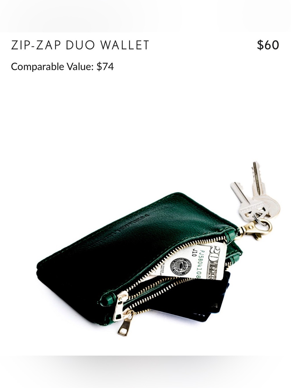 Portland Leather Forest Green Zip-Zap Duo Double Zip Card Wallet with Clip